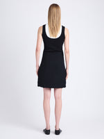 Back full length image of model wearing Luna Dress In Tweed in BLACK