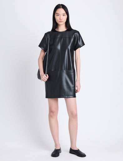 Front full length image of model wearing Sonny Dress In Faux Leather in BLACK