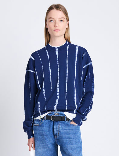 Cropped front image of model wearing Blake Sweatshirt in Stripe Td Sweatshirting in navy/white