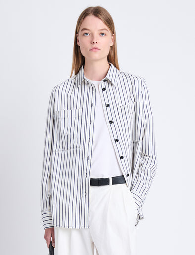 Front cropped image of model wearing Eliana Shirt In Striped Shirting Flou in IVORY/NAVY MULTI