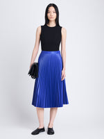 Front full length image of model wearing Daphne Skirt in Faux Leather in SAPPHIRE