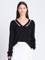Front cropped image of model wearing Elsie Top In Midweight Button Details Knits in BLACK