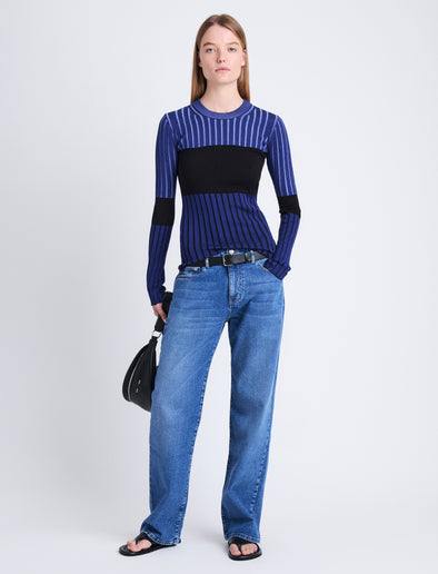 Front image of model wearing Peyton Shirt In Layering Ribs in NAVY MULTI