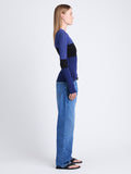 Side full length image of model wearing Peyton Shirt In Layering Ribs in NAVY MULTI