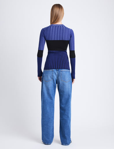 Back full length image of model wearing Peyton Shirt In Layering Ribs in NAVY MULTI