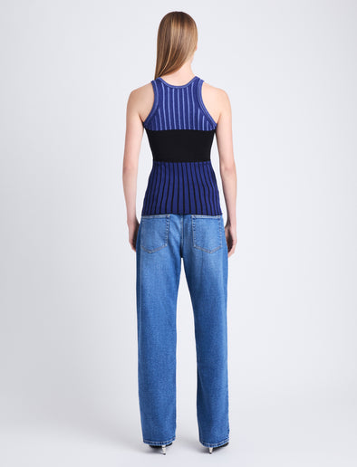 Back full length image of model wearing Parker Shirt In Layering Ribs in NAVY MULTI