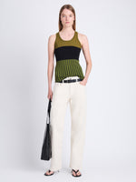 Front full length image of model wearing Parker Shirt In Layering Ribs in OLIVE MULTI
