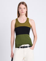 Front cropped image of model wearing Parker Shirt In Layering Ribs in OLIVE MULTI