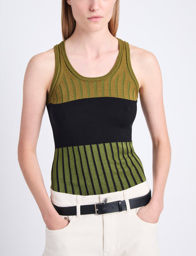 Detail image of model wearing Parker Shirt In Layering Ribs in OLIVE MULTI