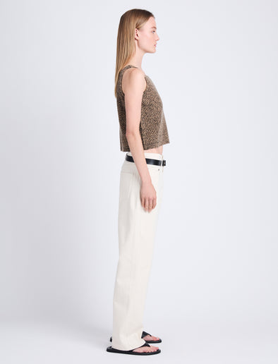 Side full length image of model wearing Drew Top In Chunky Marl in CAMEL/BLACK