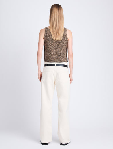 Back full length image of model wearing Drew Top In Chunky Marl in CAMEL/BLACK