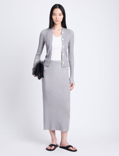 Front full length image of model wearing Willow Skirt In Plaited Rib Knits in FOG/OFF WHITE