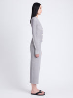 Side full length image of model wearing Willow Skirt In Plaited Rib Knits in FOG/OFF WHITE