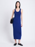 Front full length image of model wearing Reese Dress In Plaited Rib Knits in SAPPHIRE/BLACK