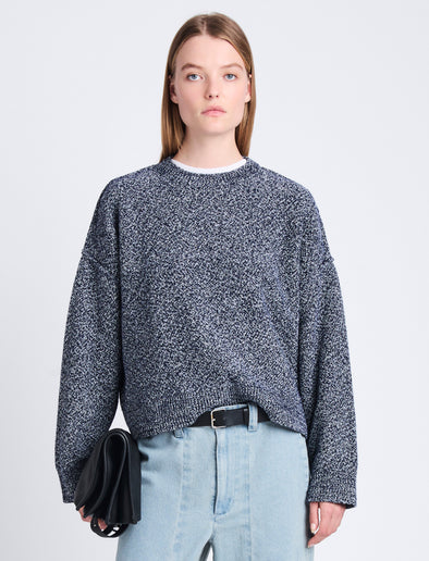 Front cropped image of model wearing Remy Sweater In Chunky Marl in DARK BLUE/ OFF WHITE