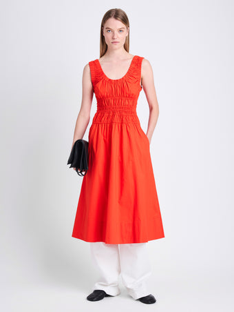 Front image of model wearing Penny Dress in Poplin in POPPY