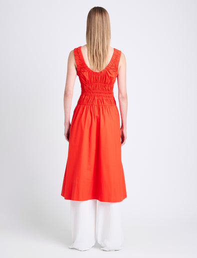 Back image of model wearing Penny Dress in Poplin in POPPY