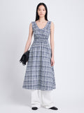 Front full length image of model wearing Penny Dress in Grid Poplin in NAVY/OFF WHITE