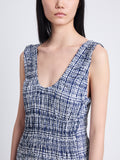 Detail image of model wearing Penny Dress in Grid Poplin in NAVY/OFF WHITE