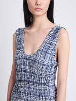 Detail image of model wearing Penny Dress in Grid Poplin in NAVY/OFF WHITE