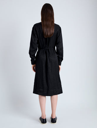 Back full length image of model wearing Nelson Dress in Crinkled Flou in BLACK
