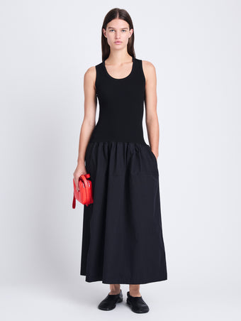 Front full length image of model wearing Malia Dress in Peached Poplin in BLACK