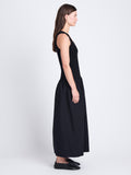 Side full length image of model wearing Malia Dress in Peached Poplin in BLACK