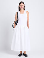 Front full length image of model wearing Malia Dress in Peached Poplin in WHITE