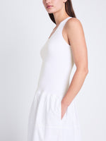 Detail image of model wearing Malia Dress in Peached Poplin in WHITE