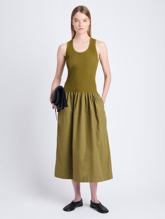 Front full length image of model wearing Malia Dress in Peached Poplin in OLIVE