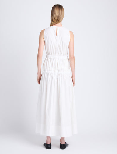 Back full length image of model wearing Libby Dress In Poplin in OFF WHITE