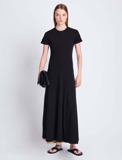 Front full length image of model wearing Noelle Dress in Jersey in BLACK