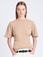 Front cropped image of model wearing Mira T-Shirt in Jersey in KHAKI