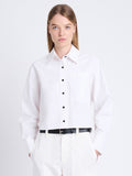 Front cropped image of model wearing Alma Shirt in Peached Poplin in WHITE
