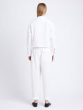 Back full length image of model wearing Alma Shirt in Peached Poplin in WHITE