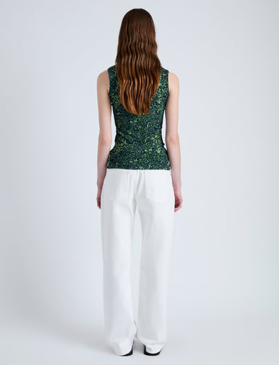 Back full length image of model wearing Ines Top in Shadow Print Jersey in DARK NAVY/OLIVE