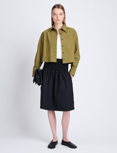 Front full length image of model wearing Olive Skirt in Peached Poplin in BLACK