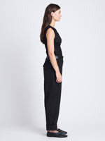 Side image of model wearing Octavia Pant in Solid Cotton Linen in black