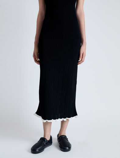 Detail image of model wearing Kim Knit Dress in Compact Pointelle Rib in BLACK