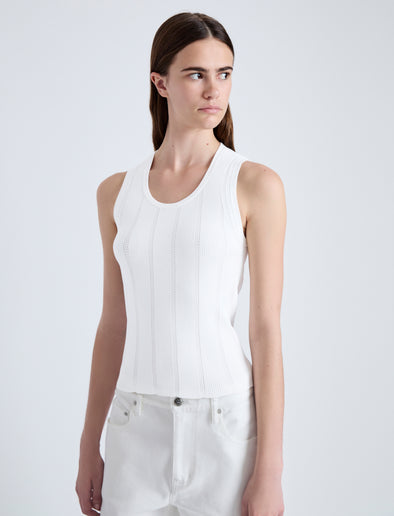 Detail image of model wearing Perry Knit Top in Compact Pointelle Rib in OFF WHITE