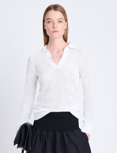 Cropped front image of model wearing Agnes Polo in Zig Zag Pointelle in OFF WHITE