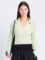 Front cropped image of model wearing Agnes Polo in Zig Zag Pointelle in PISTACHIO