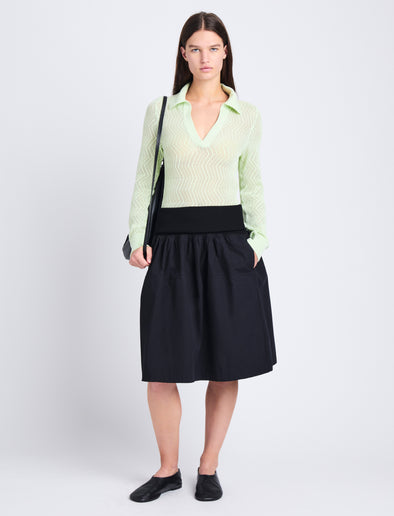 Front full length image of model wearing Agnes Polo in Zig Zag Pointelle in PISTACHIO