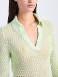 Detail image of model wearing Agnes Polo in Zig Zag Pointelle in PISTACHIO