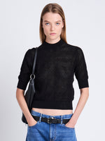 Front cropped image of model wearing Nicola Sweater in Zig Zag Pointelle in BLACK