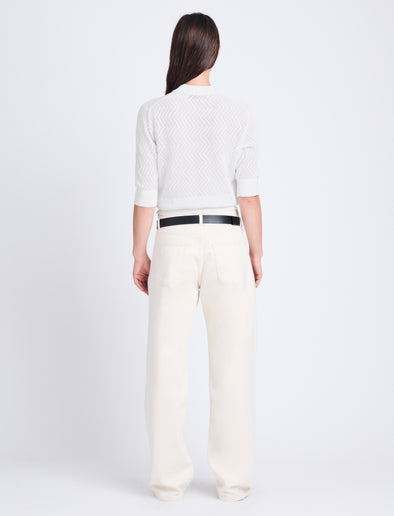 Back image of model wearing Nicola Sweater in Zig Zag Pointelle in OFF WHITE