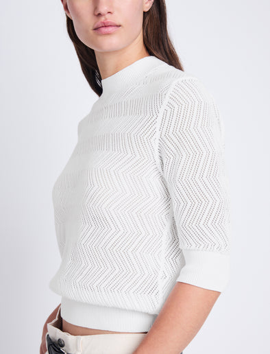 Detail image of model wearing Nicola Sweater in Zig Zag Pointelle in OFF WHITE