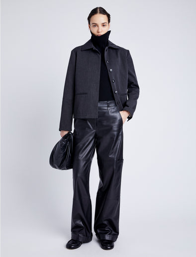 Proenza Schouler Front full length image of model wearing Sawyer Jacket in Gabardine in SHADOW