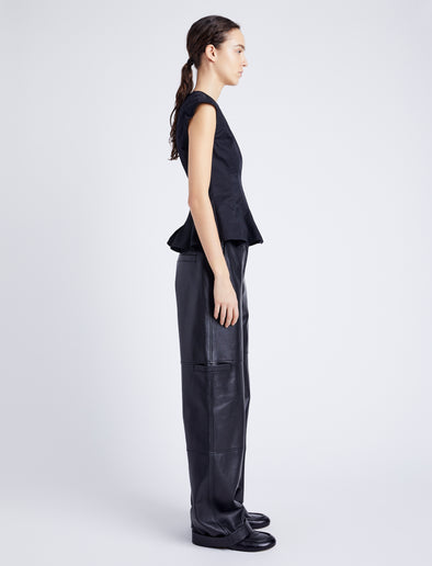 Proenza Schouler Side full length image of model wearing Felix Top in Tech Cotton in BLACK
