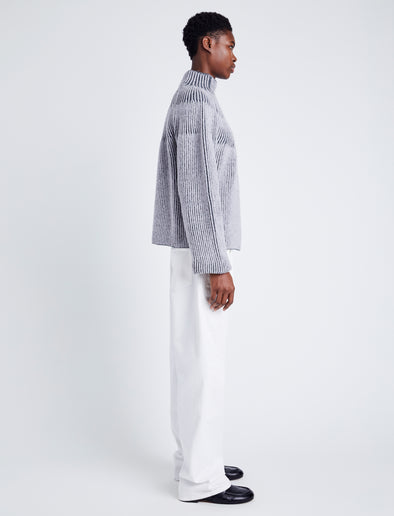 Proenza Schouler Side full length image of model wearing Brynn Sweater in Knit Jacquard in GREY/PALE GREY MELANGE